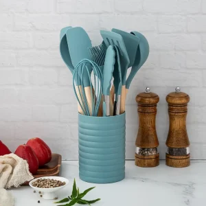 Silicone Cooking Utensils Aqua 12-Piece Small Kitchen Utensils Set with Holder - Wooden Handle Kitchen Tools, Non-Scratch