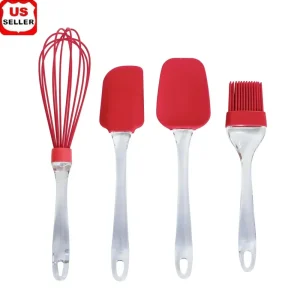 Silicone Kitchen Utensils Set 4 Piece Whisk Spatula Spoon Basting Brush Heat Resistant Easy Clean Dishwasher Safe Cooking Tool