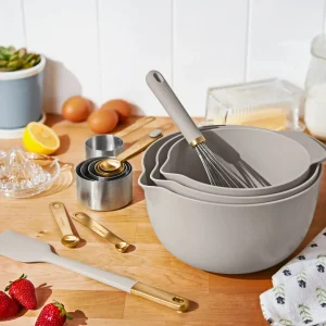 14-Piece Porcini Taupe Baking Set of bowls and measuring cups.