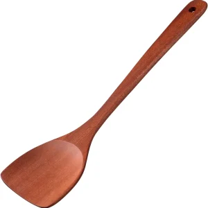 Wooden kitchen spatula used for flipping, serving, scraping, and flipping
